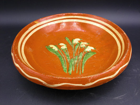 Hand Painted Antique Shallow Serving Bowl Green and White Flowers