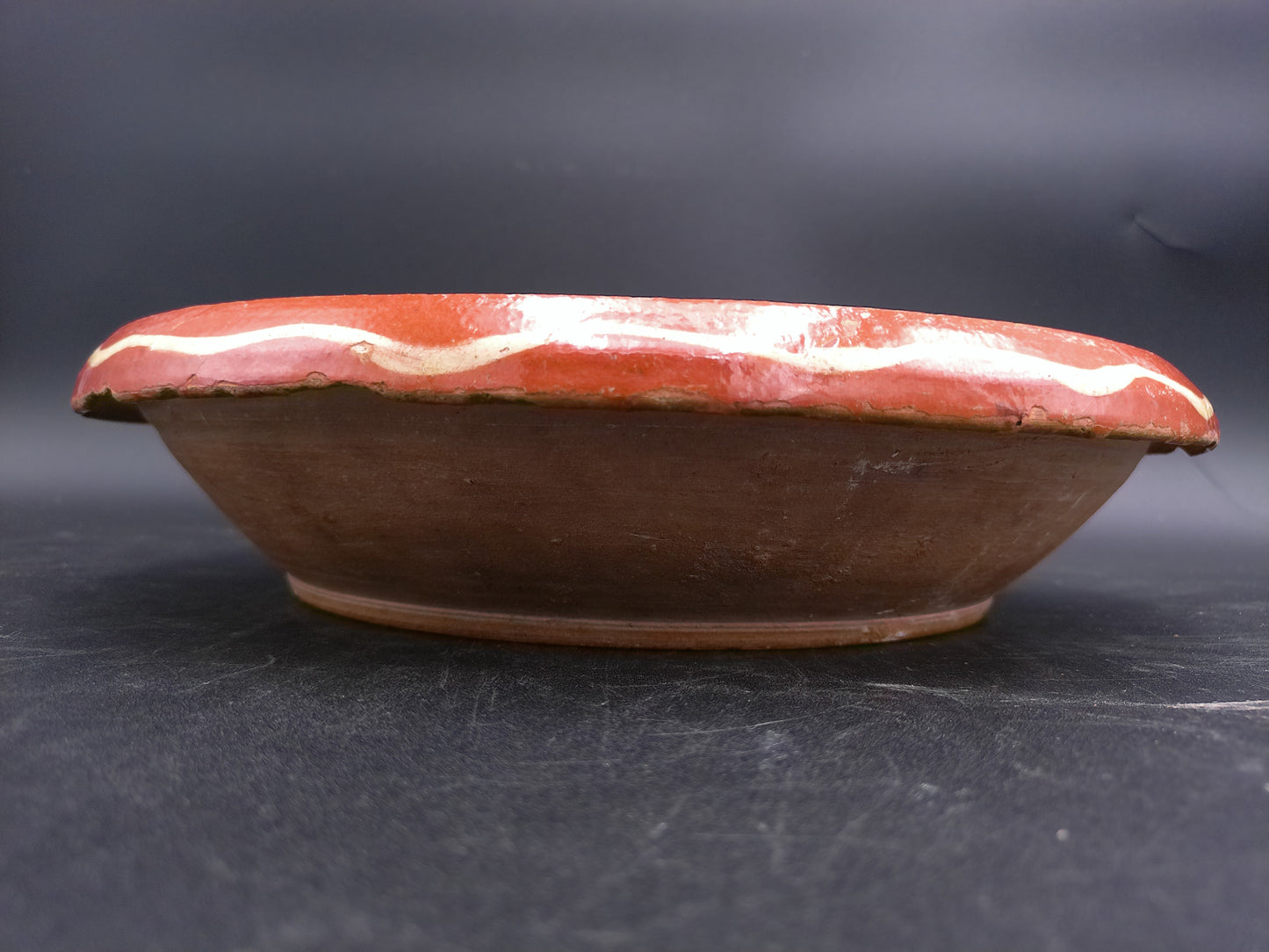 Hand Painted Antique Shallow Serving Bowl Green and White Flowers