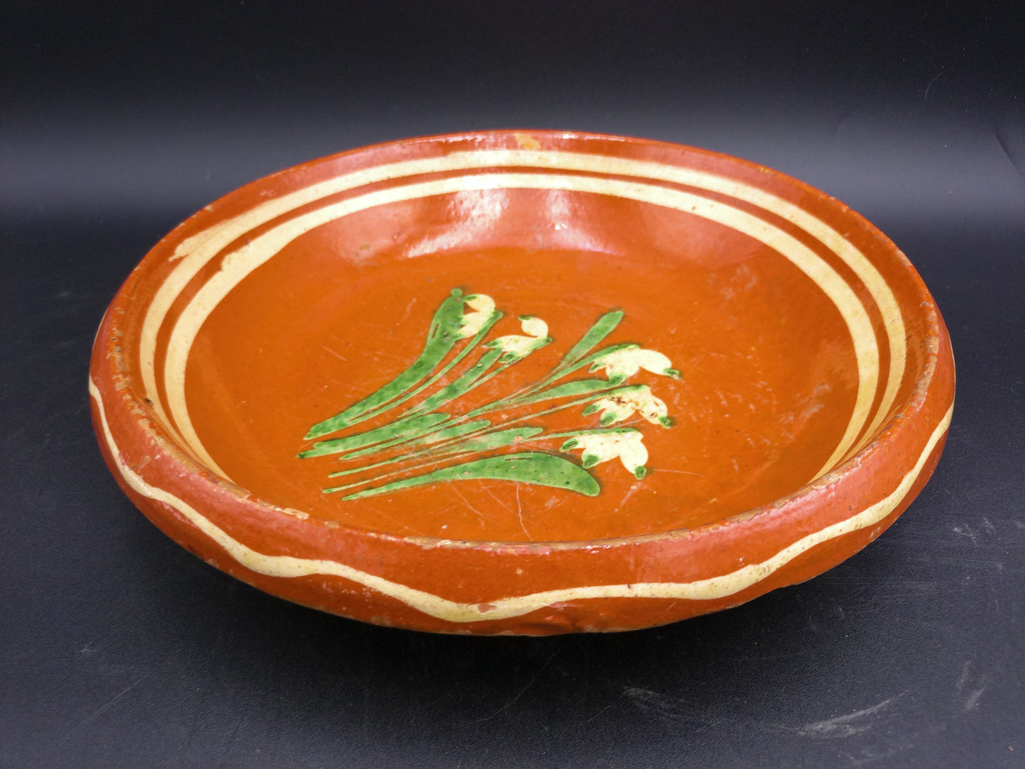 Hand Painted Antique Shallow Serving Bowl Green and White Flowers