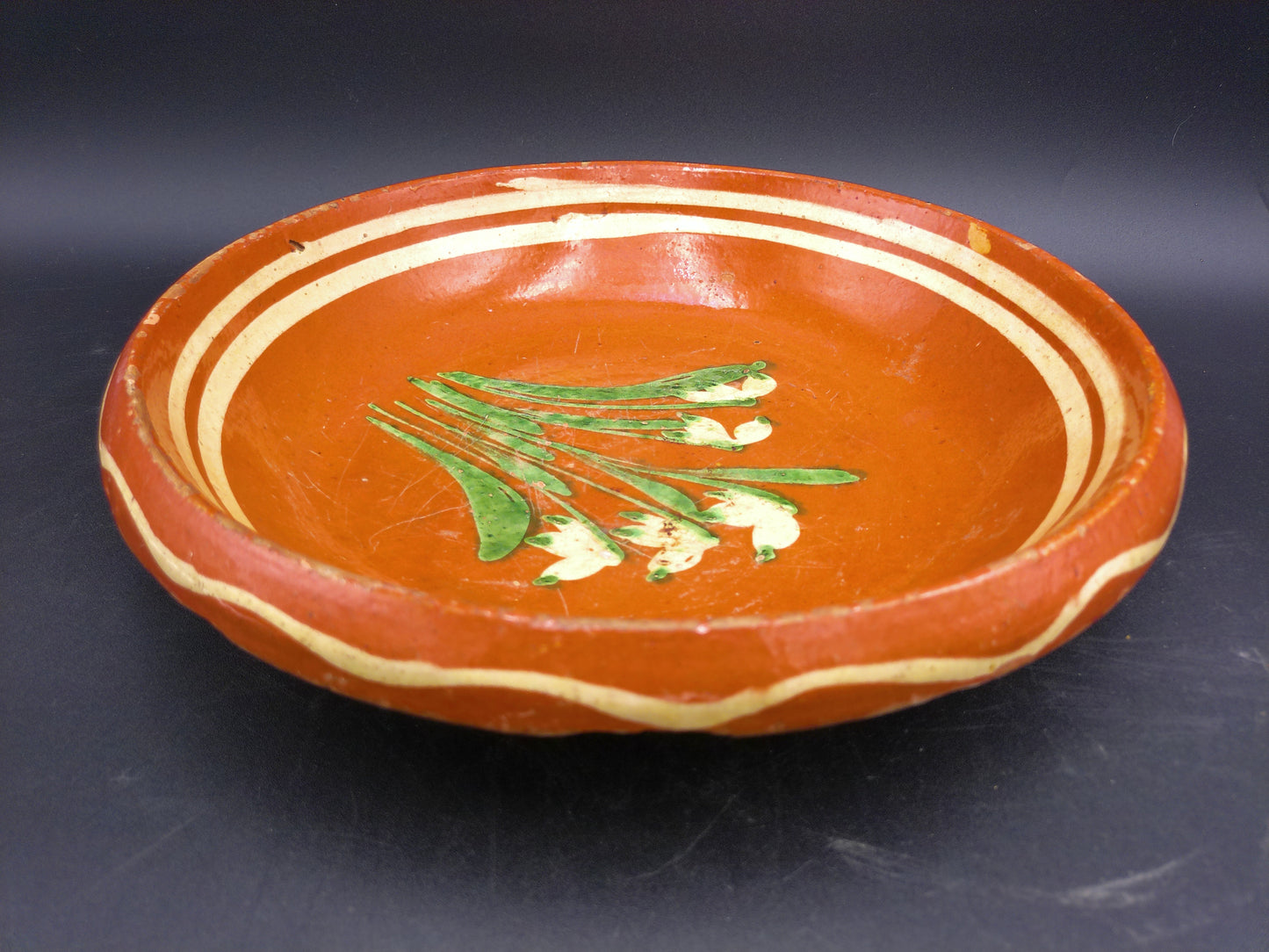 Hand Painted Antique Shallow Serving Bowl Green and White Flowers
