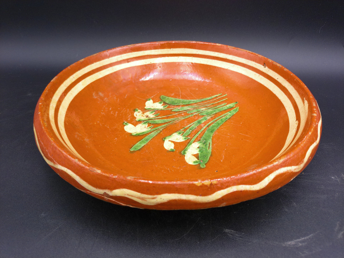 Hand Painted Antique Shallow Serving Bowl Green and White Flowers