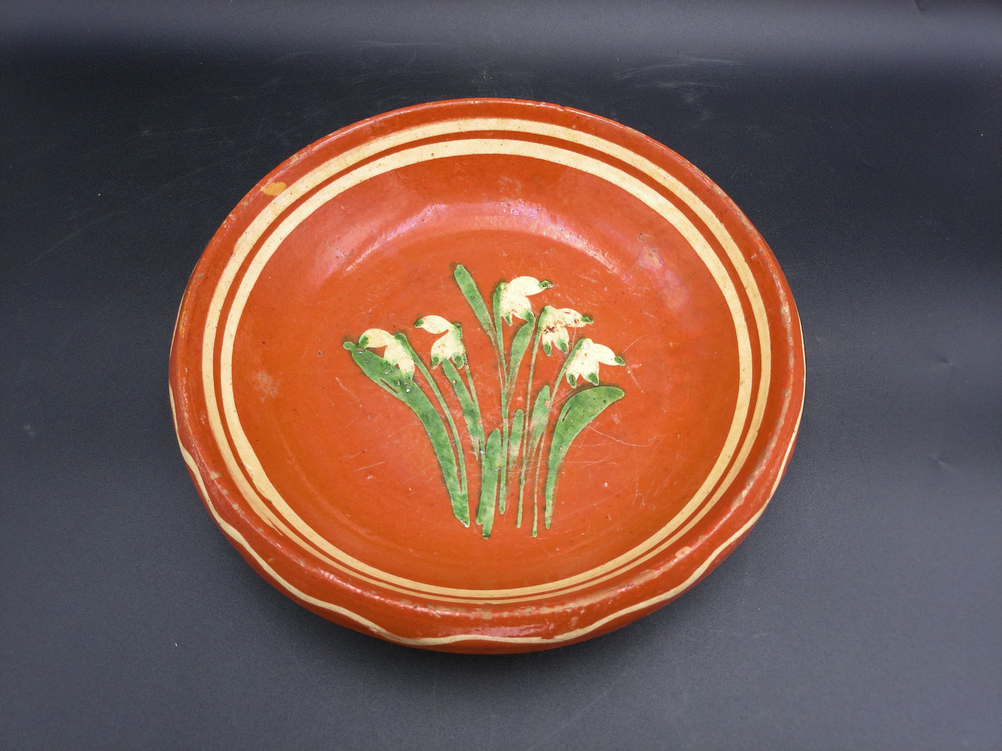 Hand Painted Antique Shallow Serving Bowl Green and White Flowers
