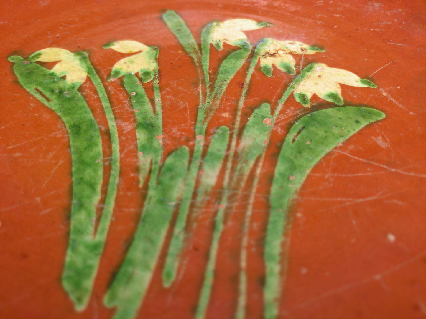 Hand Painted Antique Shallow Serving Bowl Green and White Flowers