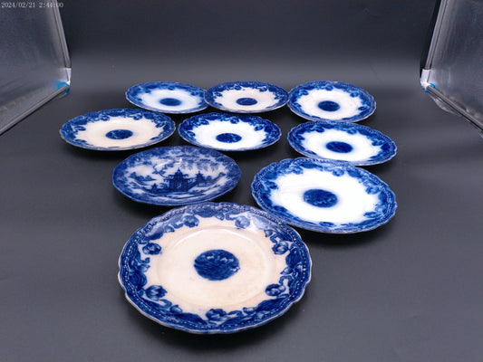 Pottery England Semi-Porcelain  9 dish plate set Whampoa Flow Blue Dish Antique
