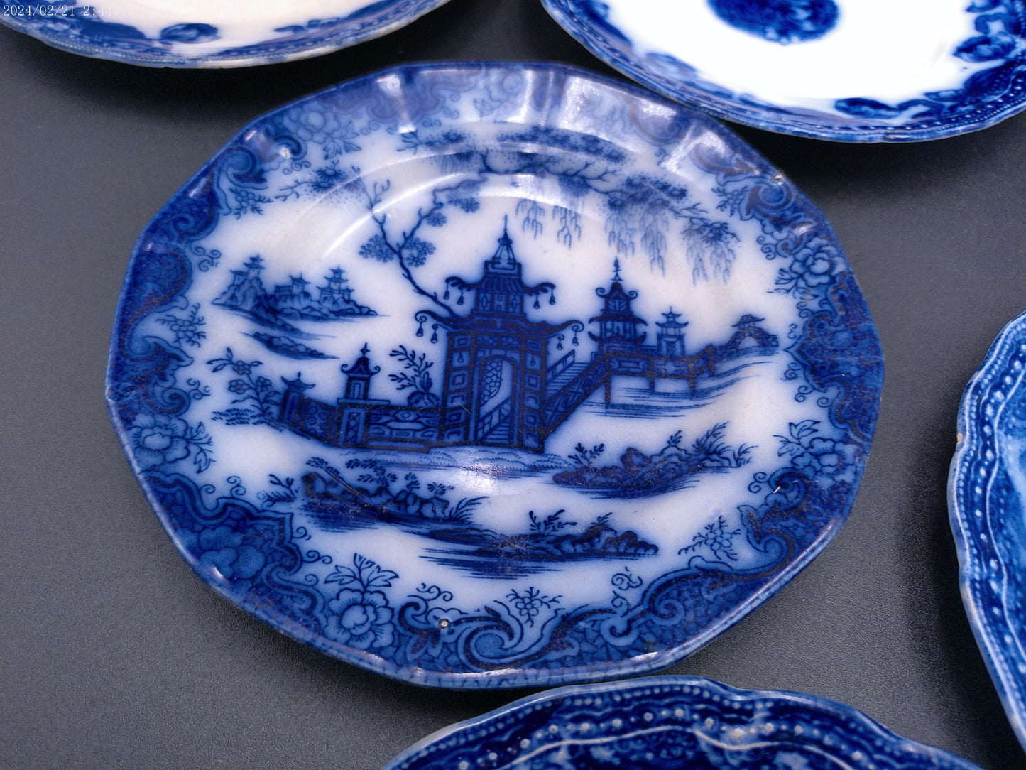 Pottery England Semi-Porcelain  9 dish plate set Whampoa Flow Blue Dish Antique