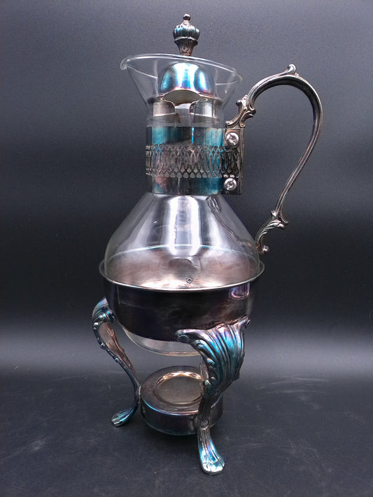 Silver Plate Glass Coffee Tea Carafe With Candle Warmer Base