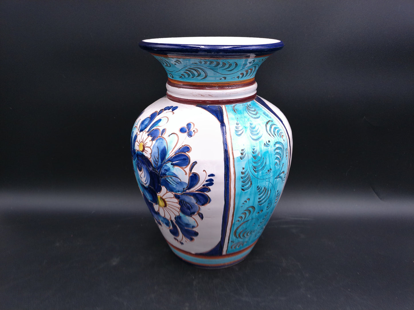 Hand painted Italian blue floral pottery vase Vintage Floral Design Vintage