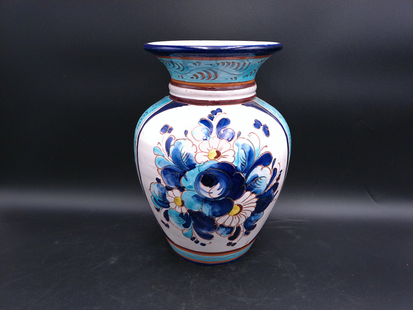 Hand painted Italian blue floral pottery vase Vintage Floral Design Vintage