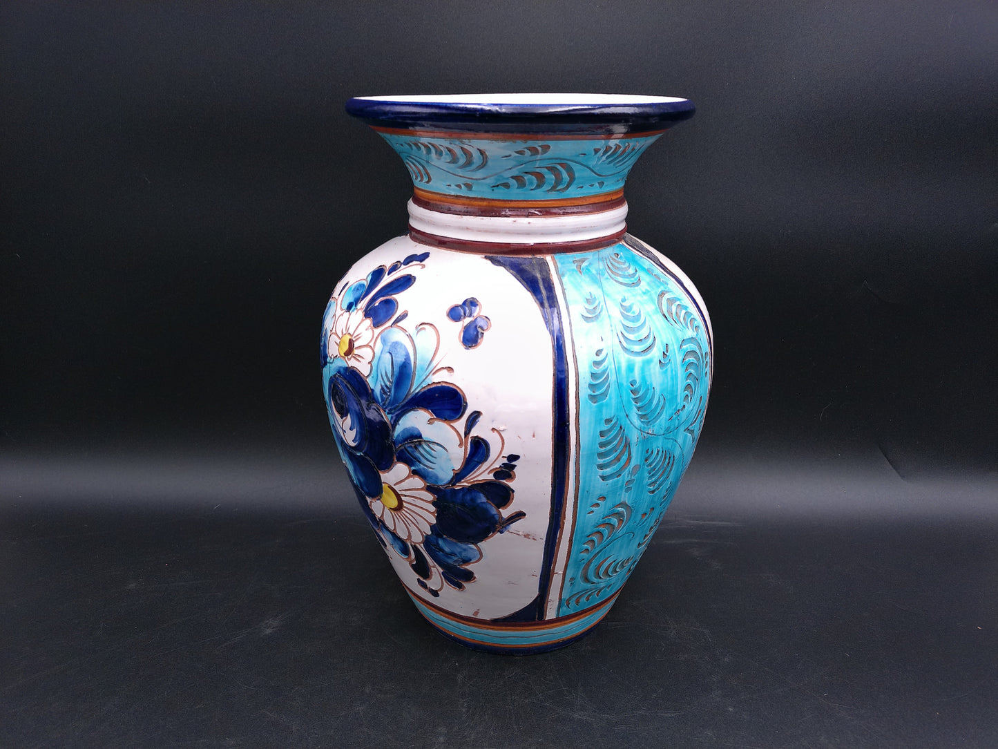 Hand painted Italian blue floral pottery vase Vintage Floral Design Vintage
