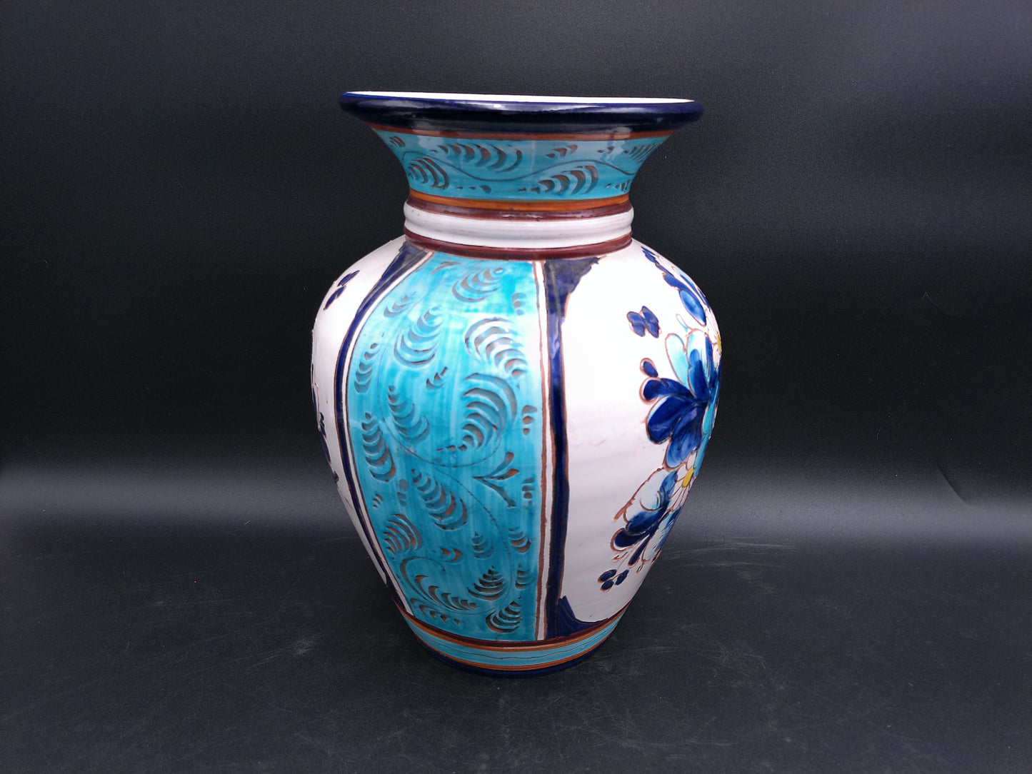 Hand painted Italian blue floral pottery vase Vintage Floral Design Vintage