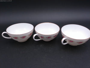 Porcelain 3 tea cups pink flowers green leaves gold rings