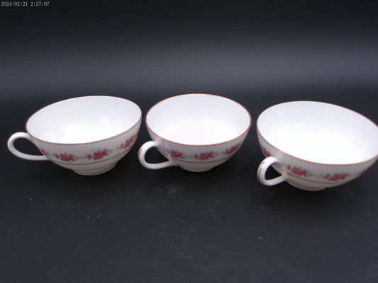 Porcelain 3 tea cups pink flowers green leaves gold rings