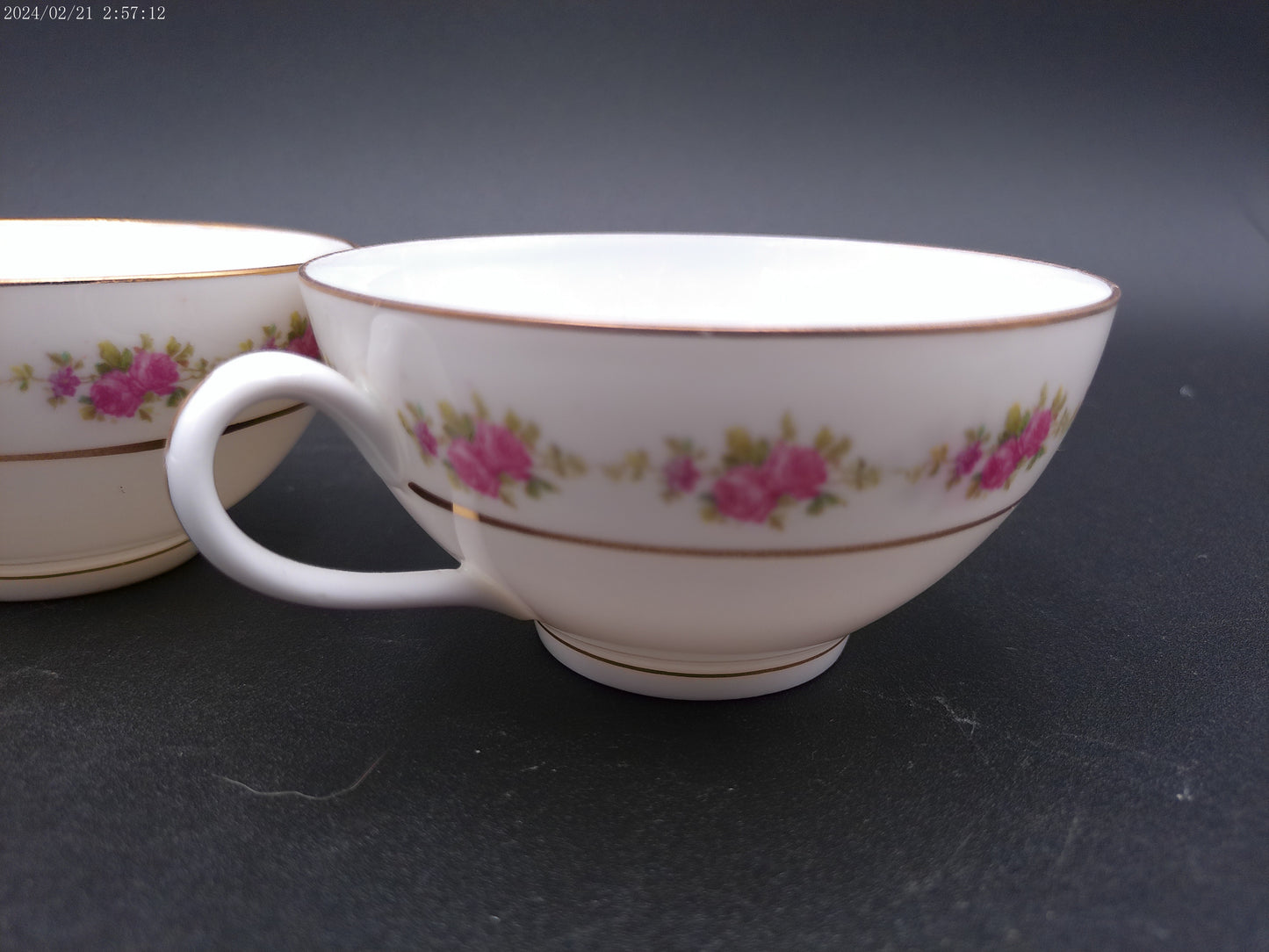 Porcelain 3 tea cups pink flowers green leaves gold rings