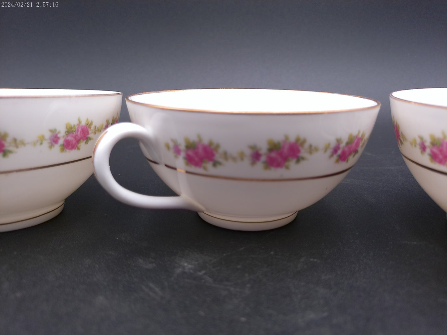 Porcelain 3 tea cups pink flowers green leaves gold rings