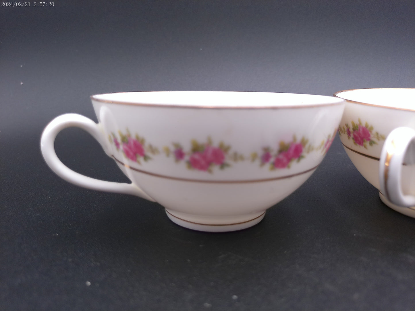 Porcelain 3 tea cups pink flowers green leaves gold rings