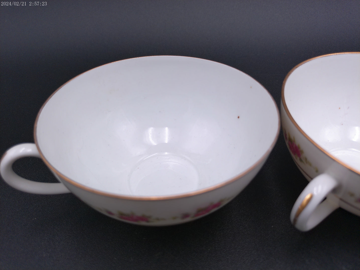 Porcelain 3 tea cups pink flowers green leaves gold rings