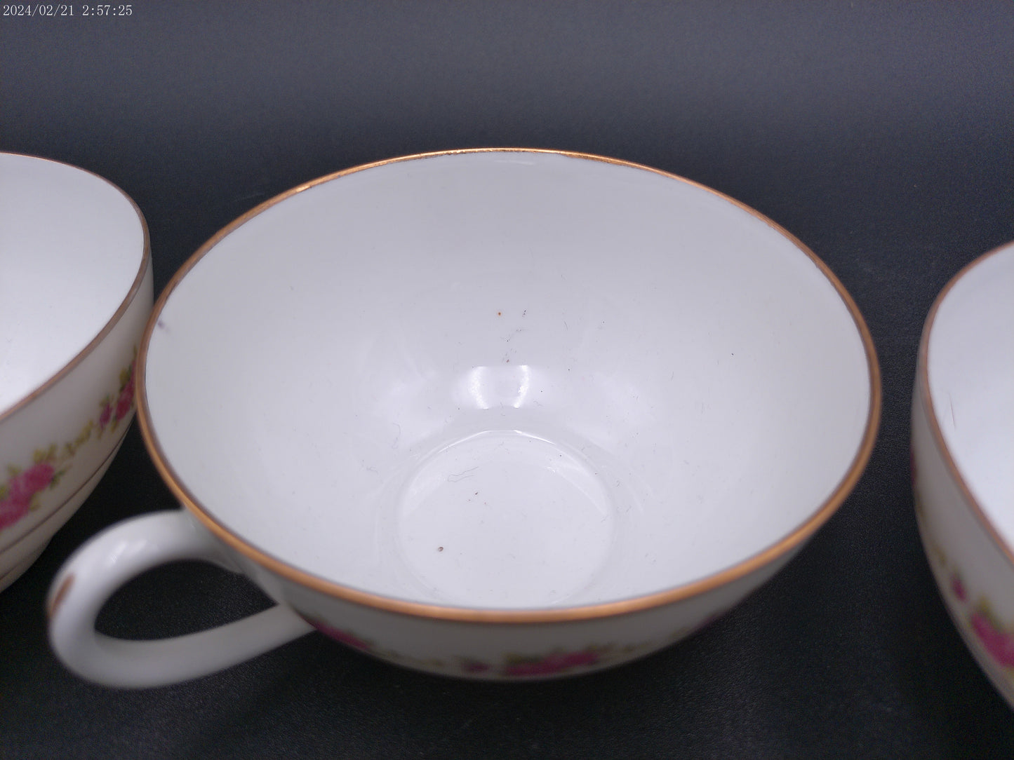 Porcelain 3 tea cups pink flowers green leaves gold rings