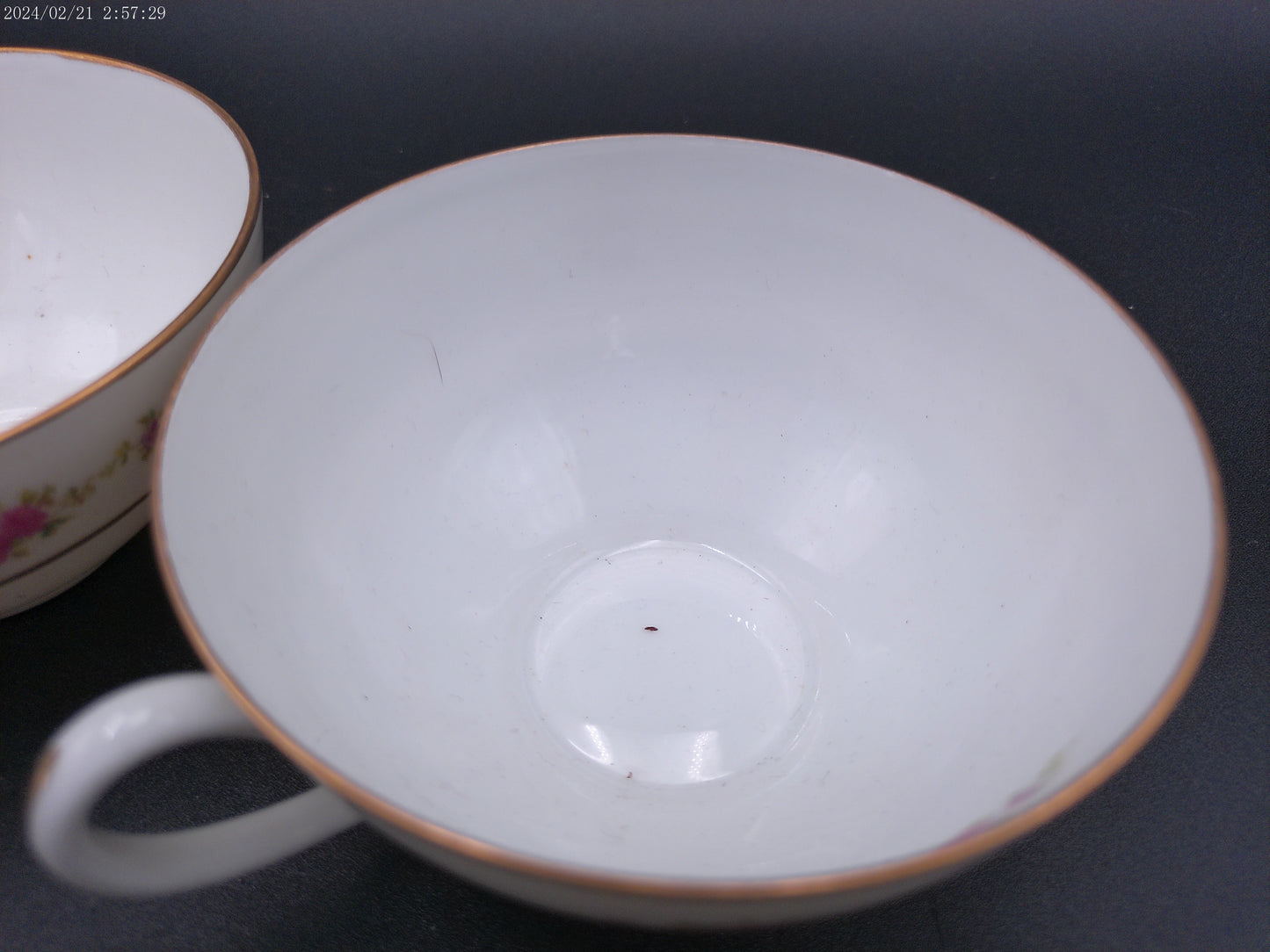 Porcelain 3 tea cups pink flowers green leaves gold rings