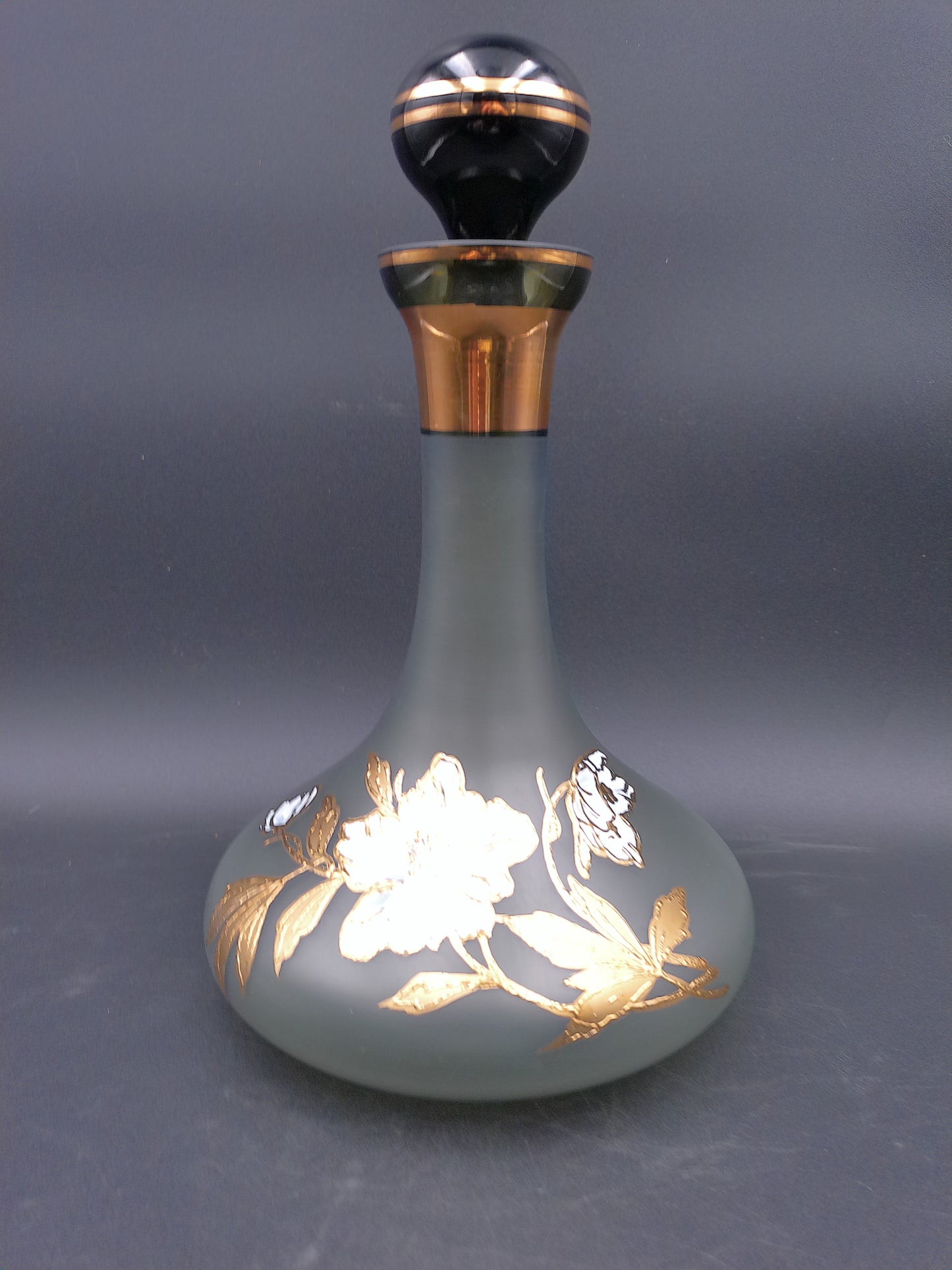 Decanter Bottle Smokey Color Gold Flower Design Lid BJ Czech Republic