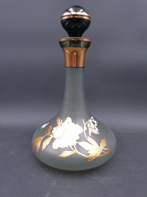 Decanter Bottle Smokey Color Gold Flower Design Lid BJ Czech Republic
