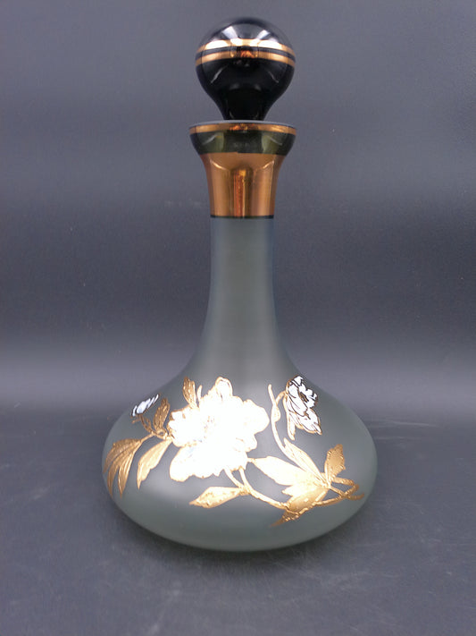 Decanter Bottle Smokey Color Gold Flower Design Lid BJ Czech Republic