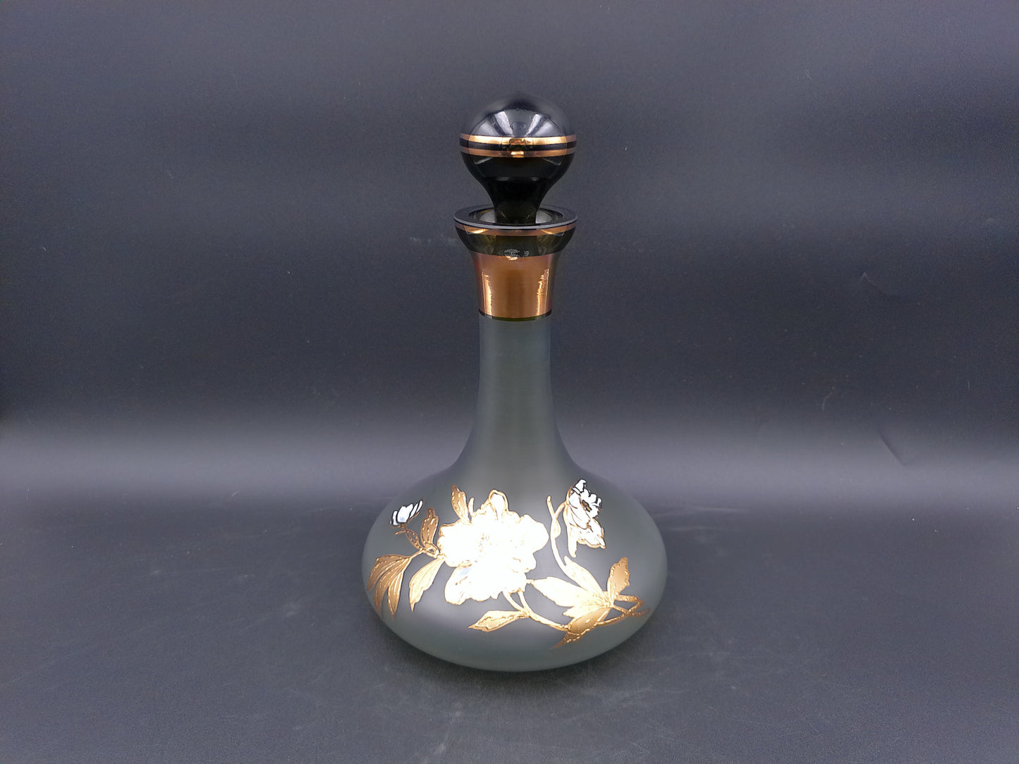 Decanter Bottle Smokey Color Gold Flower Design Lid BJ Czech Republic