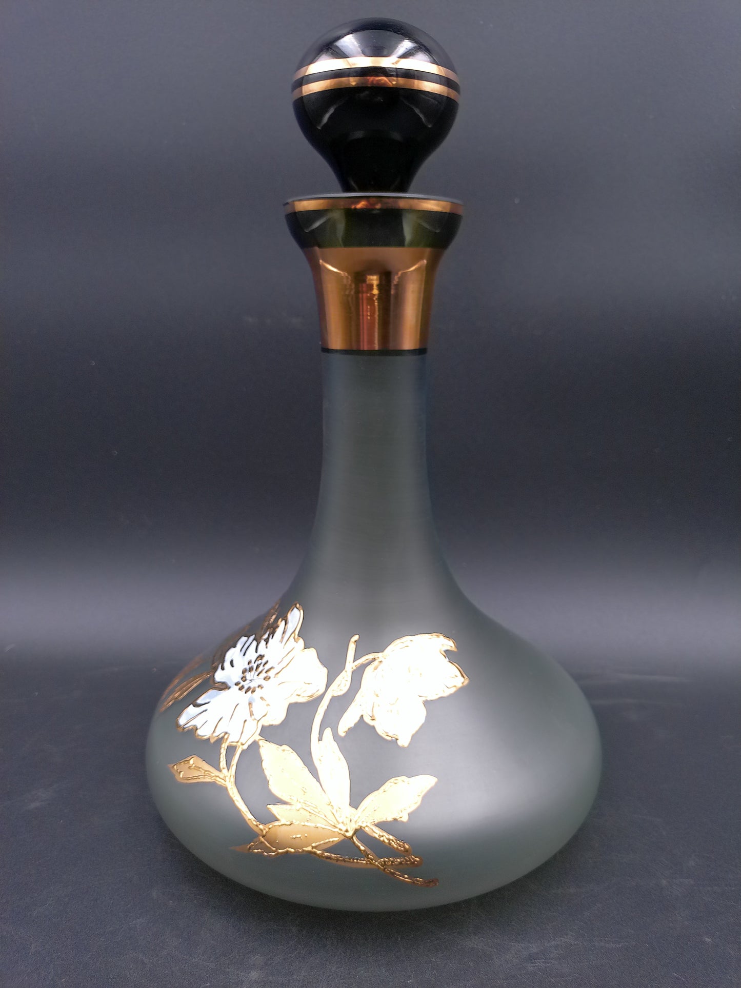 Decanter Bottle Smokey Color Gold Flower Design Lid BJ Czech Republic