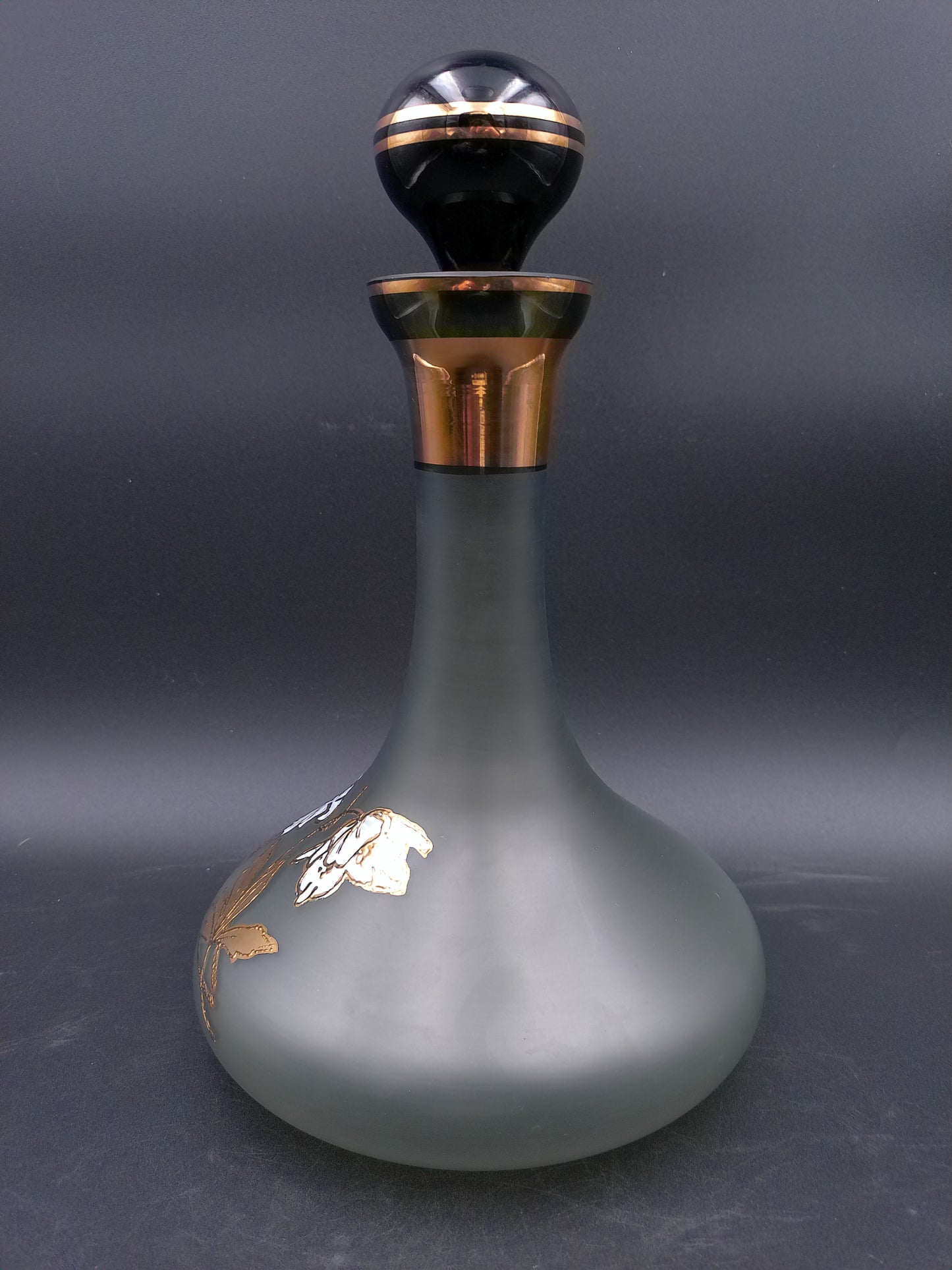 Decanter Bottle Smokey Color Gold Flower Design Lid BJ Czech Republic