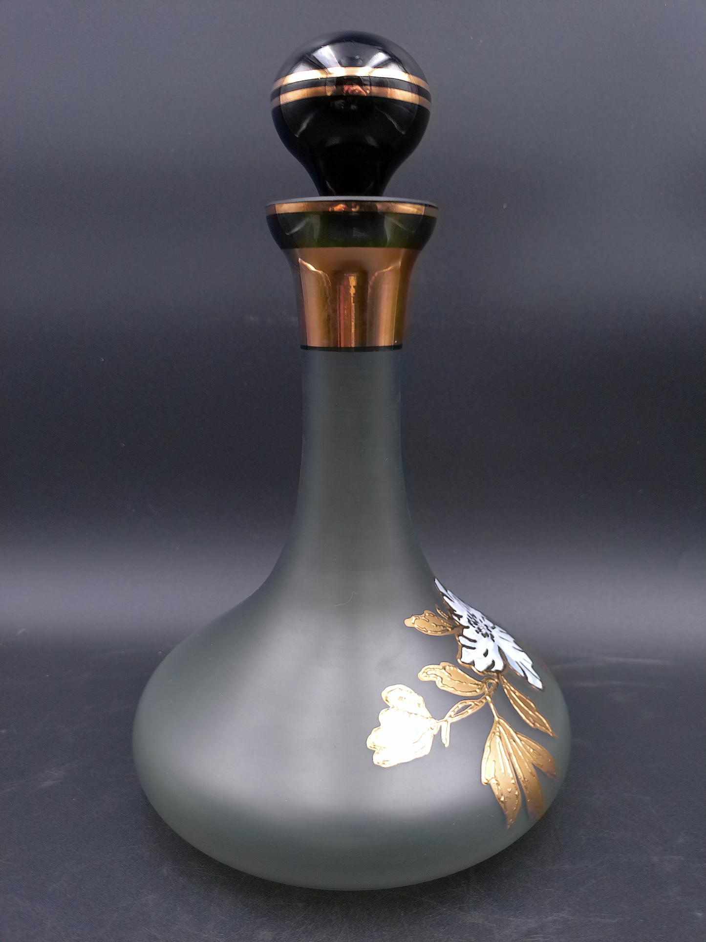 Decanter Bottle Smokey Color Gold Flower Design Lid BJ Czech Republic