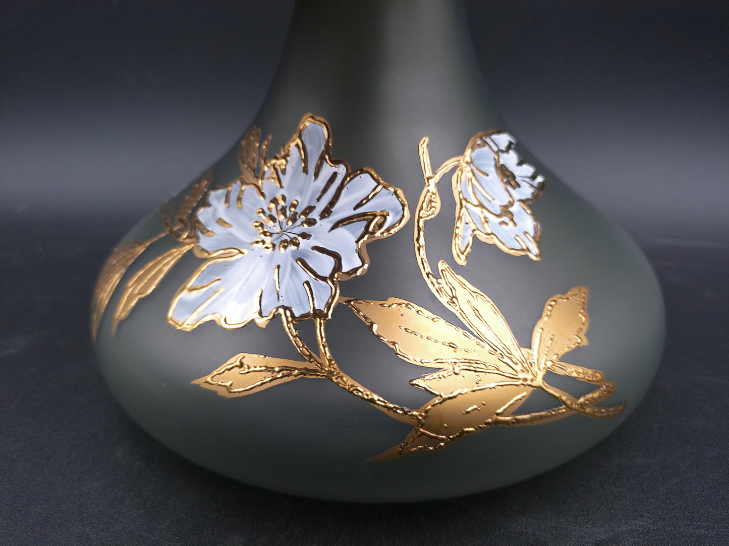 Decanter Bottle Smokey Color Gold Flower Design Lid BJ Czech Republic