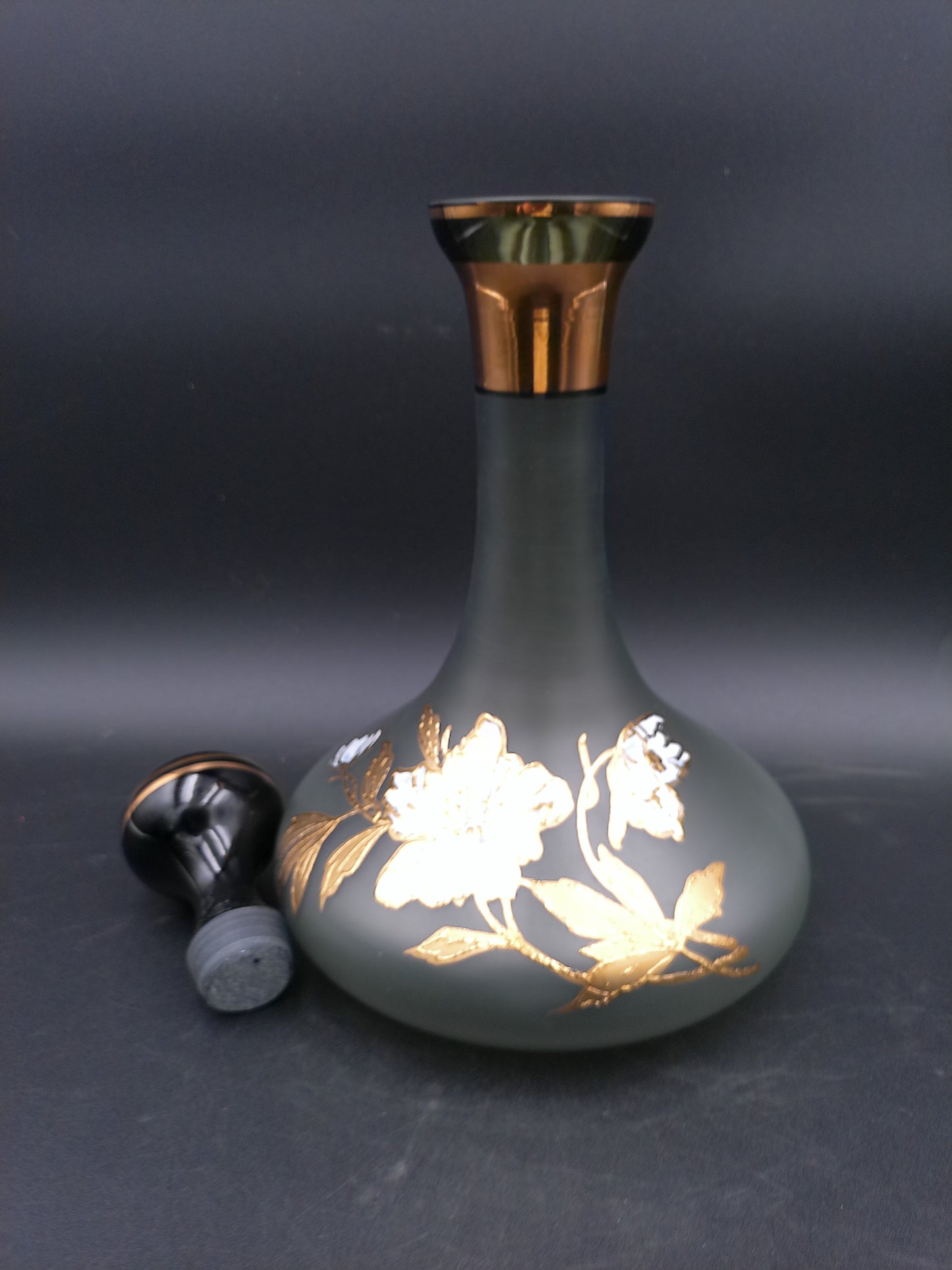 Decanter Bottle Smokey Color Gold Flower Design Lid BJ Czech Republic