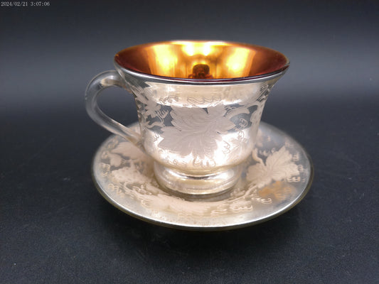 Mercury Glass Cup & Saucer Hand Blown Antique Victorian Silver Floral Set