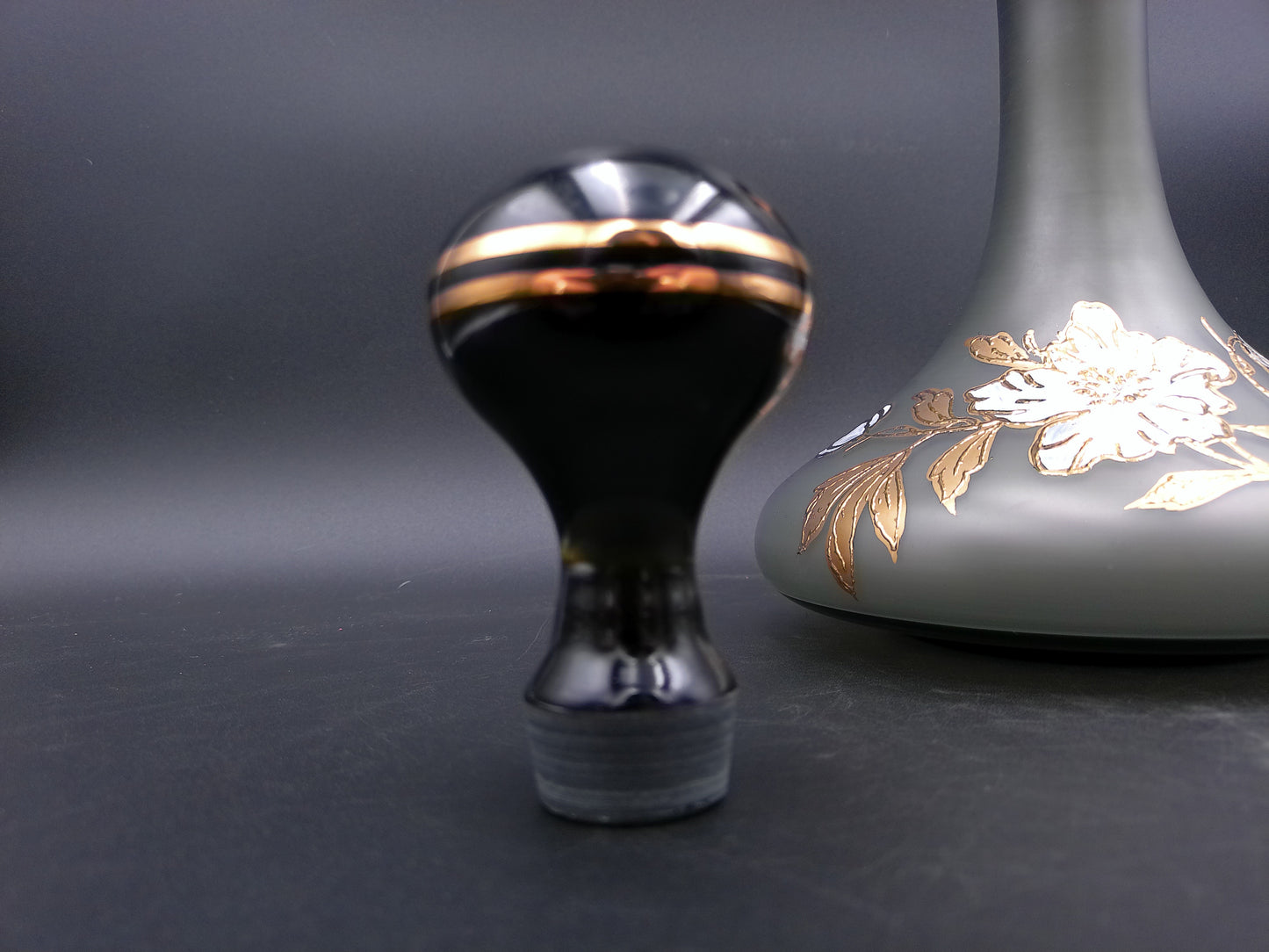 Decanter Bottle Smokey Color Gold Flower Design Lid BJ Czech Republic