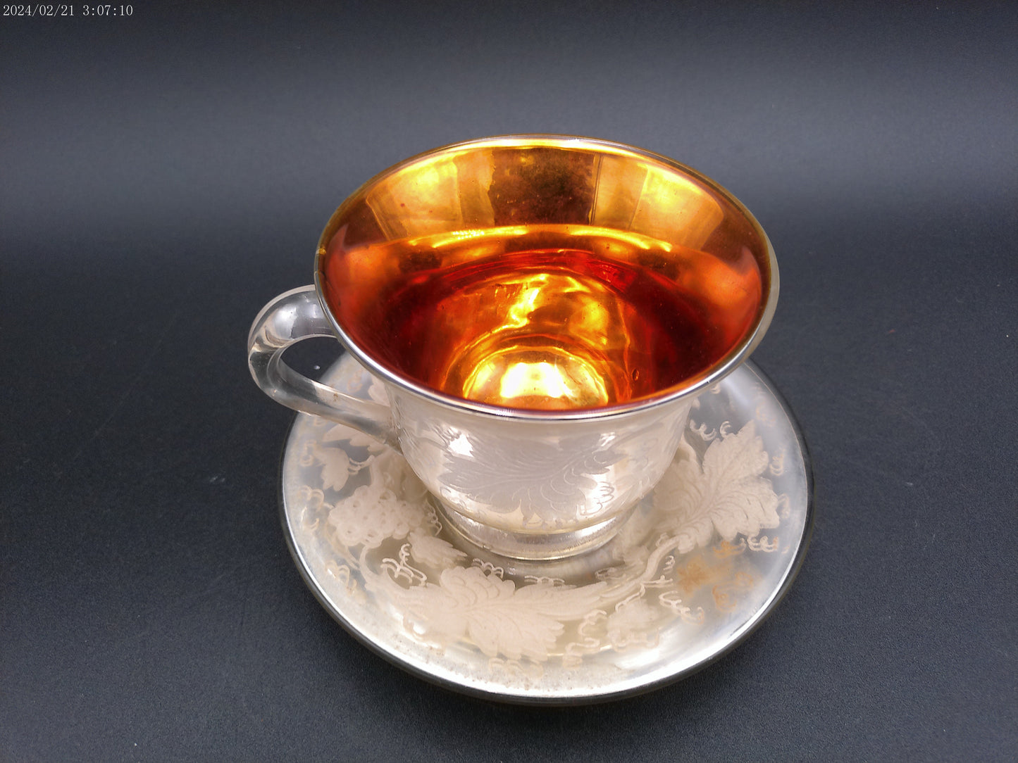 Mercury Glass Cup & Saucer Hand Blown Antique Victorian Silver Floral Set