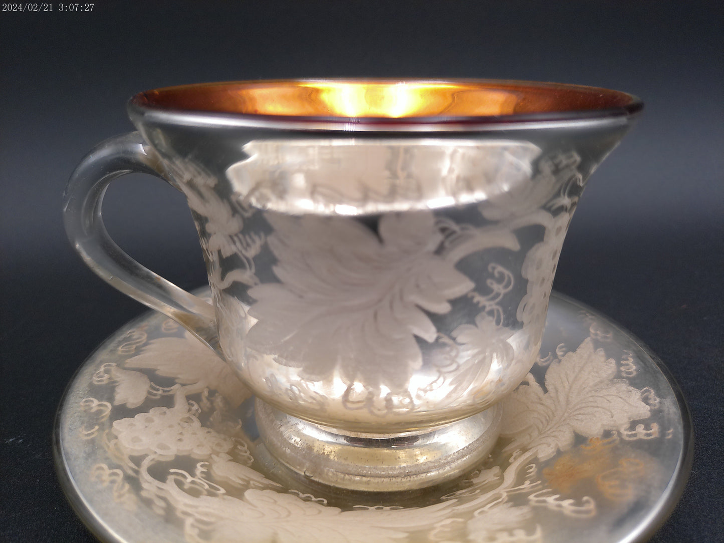 Mercury Glass Cup & Saucer Hand Blown Antique Victorian Silver Floral Set