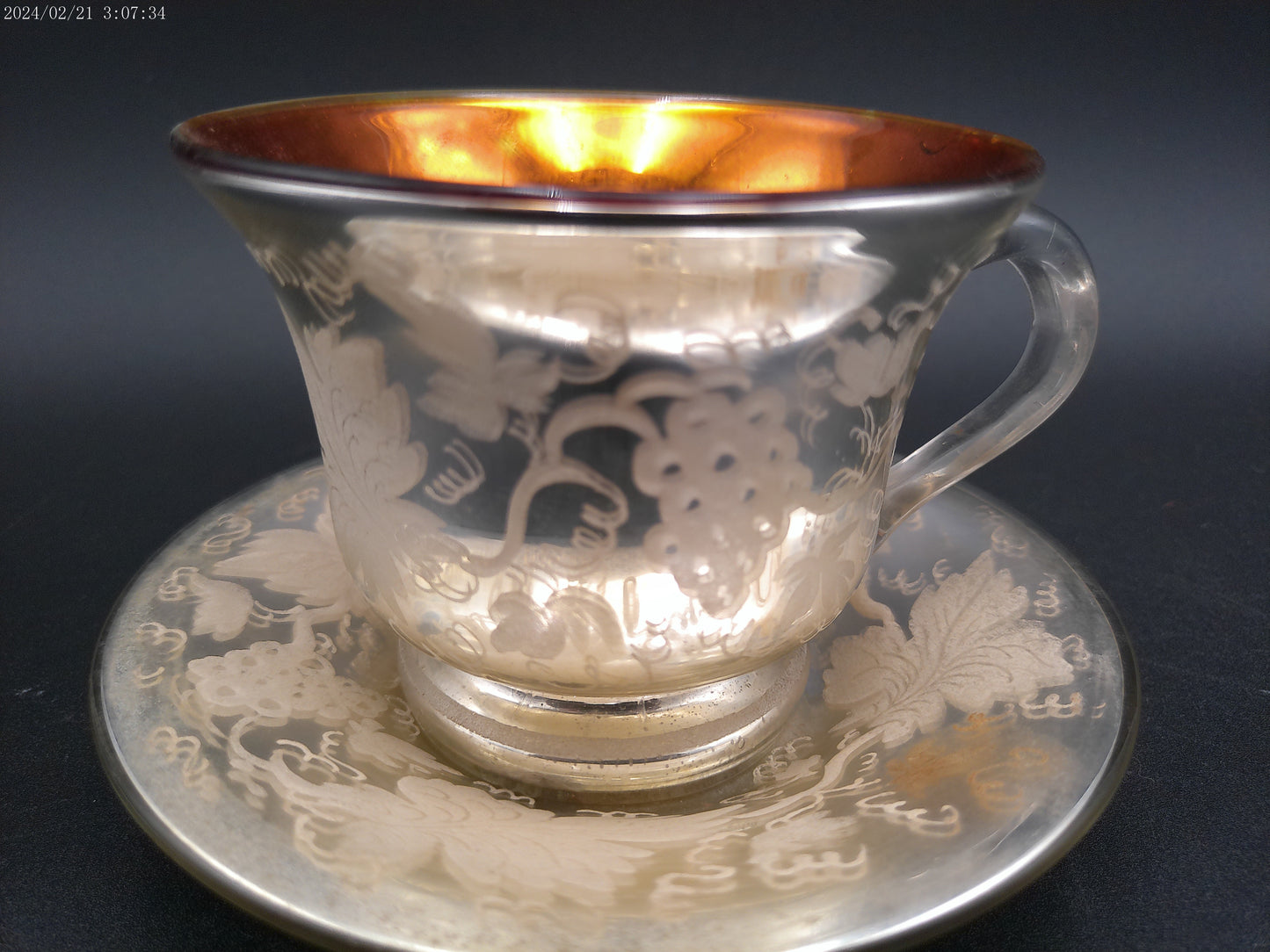 Mercury Glass Cup & Saucer Hand Blown Antique Victorian Silver Floral Set
