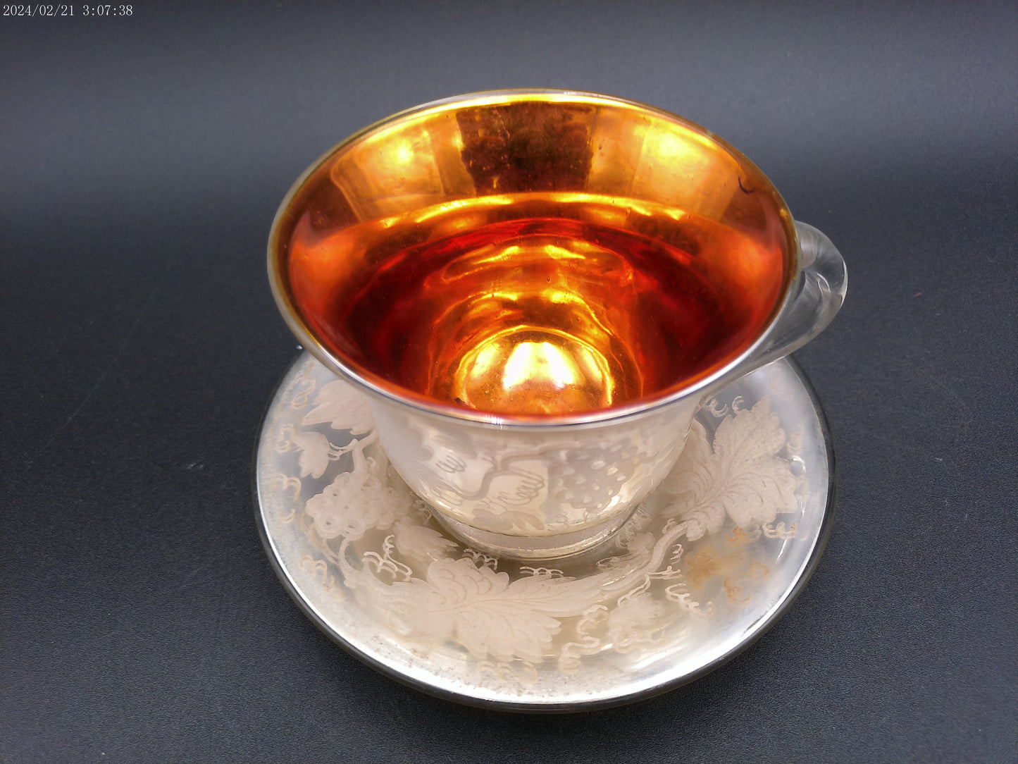 Mercury Glass Cup & Saucer Hand Blown Antique Victorian Silver Floral Set