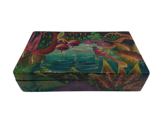 Hand Painted Bright Leaf Abstract Wooden Trinket Box by Artist R Dornevl