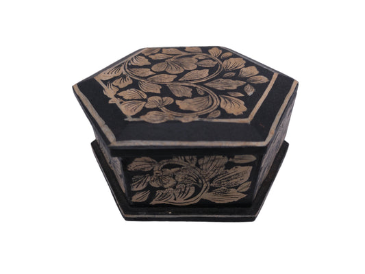 Vintage handmade hexagonal wooden box bohemian style indian 1970s leaves vine