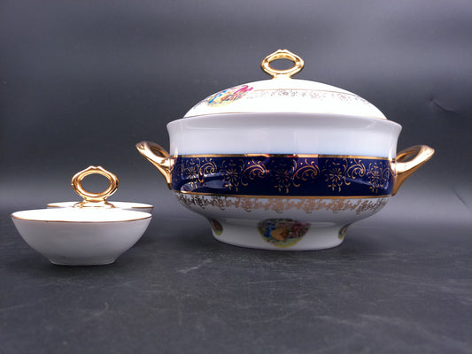 Czech Madonna Porcelain Tureen Bowl Gold Plated ans small Sauce Bowl 1900s
