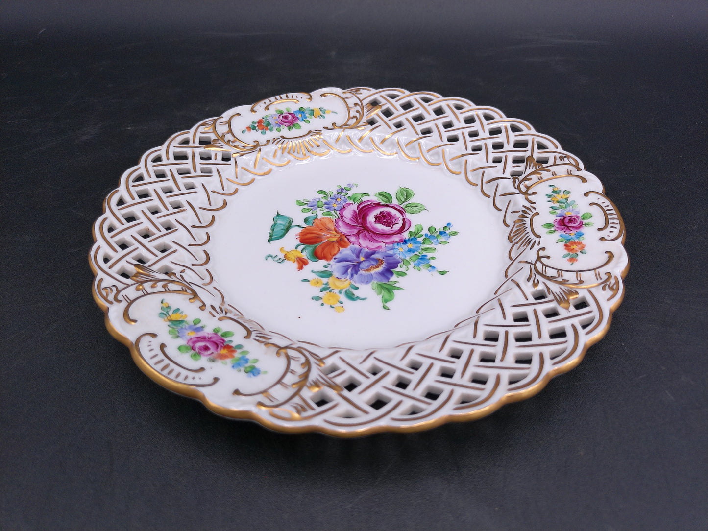 Dresden Porcelain Plate Hand Painted Floral Design Gold Plated Antique Rare