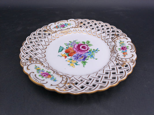 Dresden Porcelain Plate Hand Painted Floral Design Gold Plated Antique Rare
