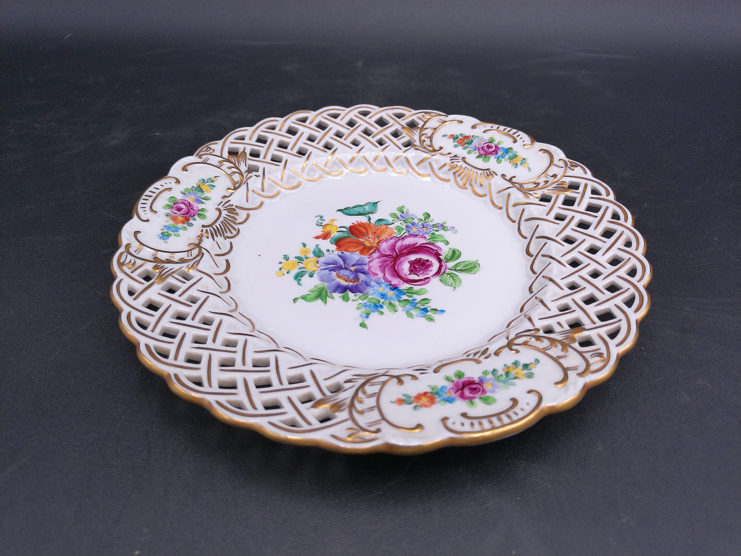 Dresden Porcelain Plate Hand Painted Floral Design Gold Plated Antique Rare