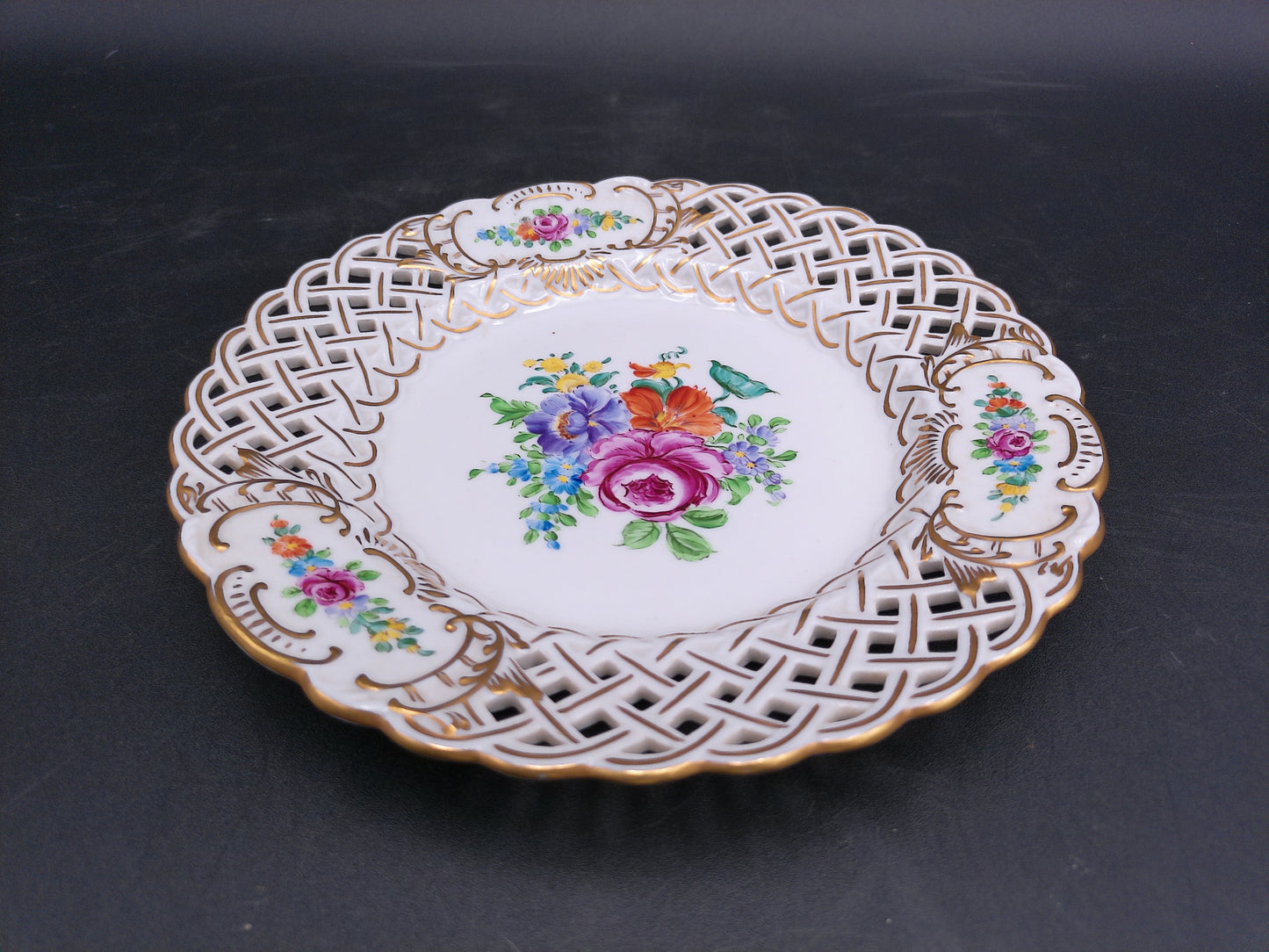 Dresden Porcelain Plate Hand Painted Floral Design Gold Plated Antique Rare