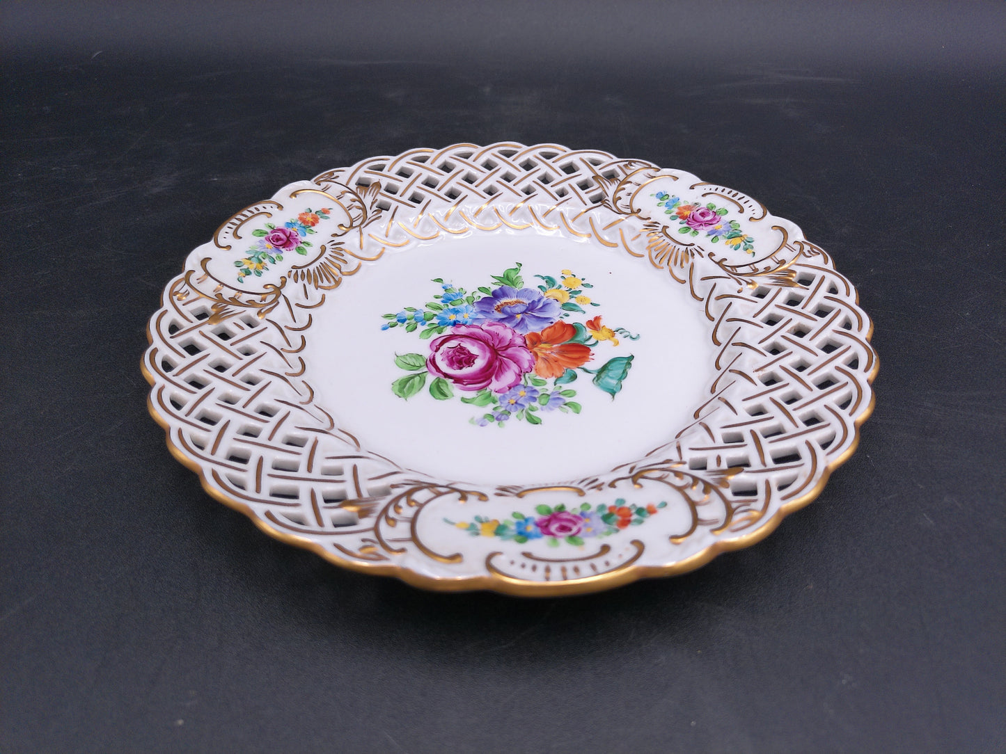 Dresden Porcelain Plate Hand Painted Floral Design Gold Plated Antique Rare