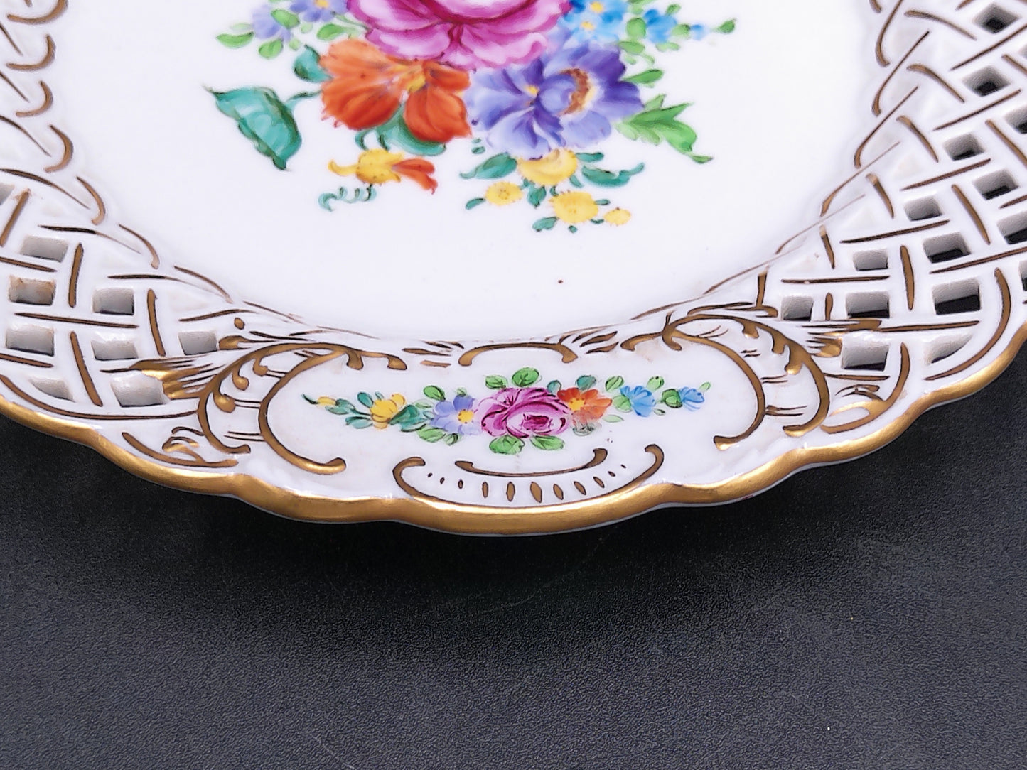 Dresden Porcelain Plate Hand Painted Floral Design Gold Plated Antique Rare