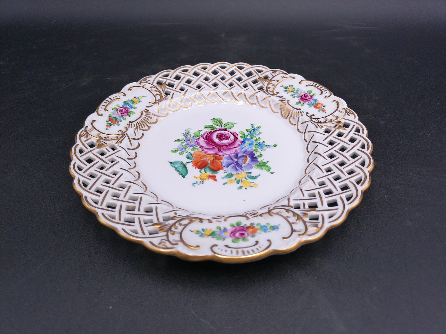 Dresden Porcelain Plate Hand Painted Floral Design Gold Plated Antique Rare