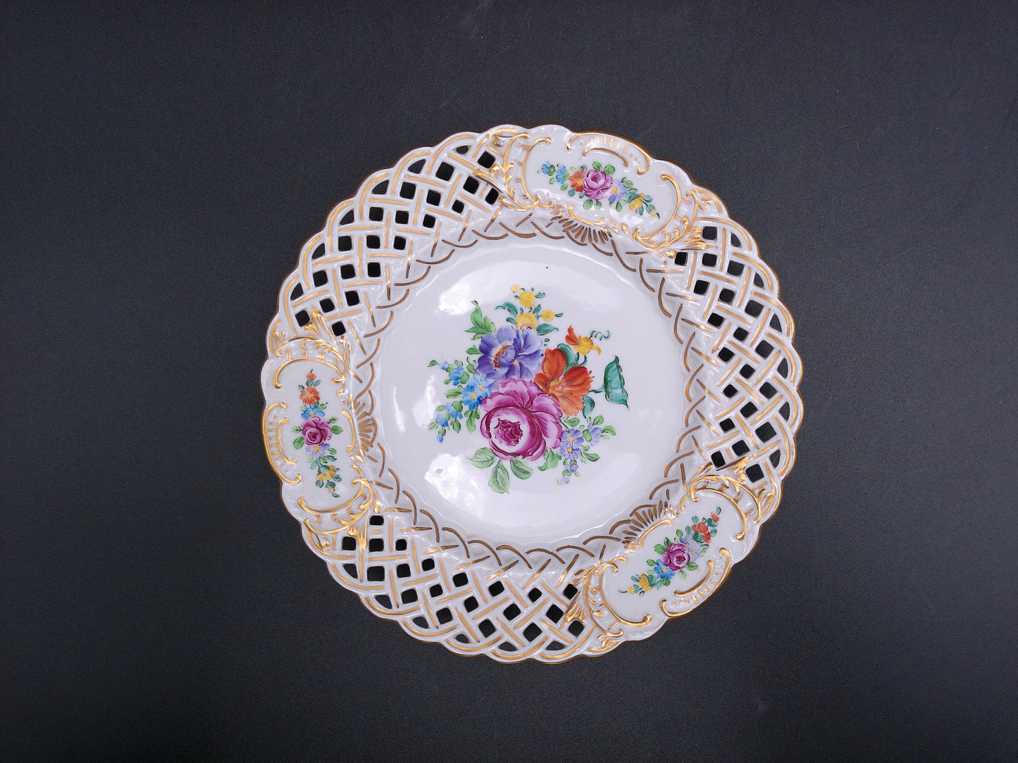Dresden Porcelain Plate Hand Painted Floral Design Gold Plated Antique Rare