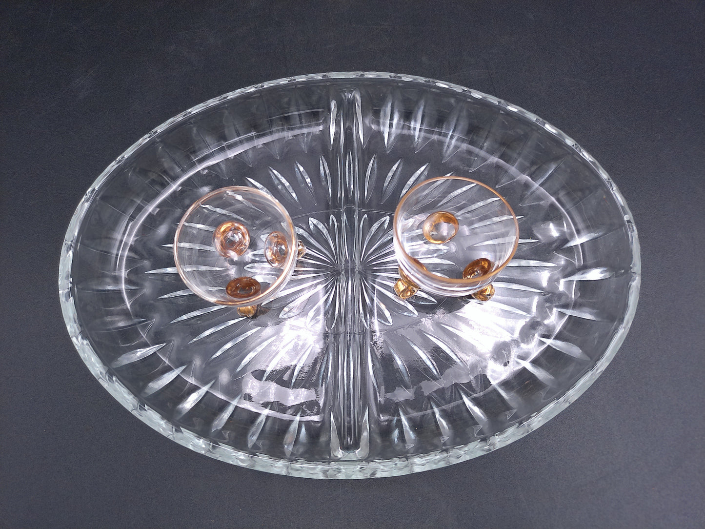Gold Plated small set of 2 bowls and Divided Glass Serving Tray Dish Bowl   Circle