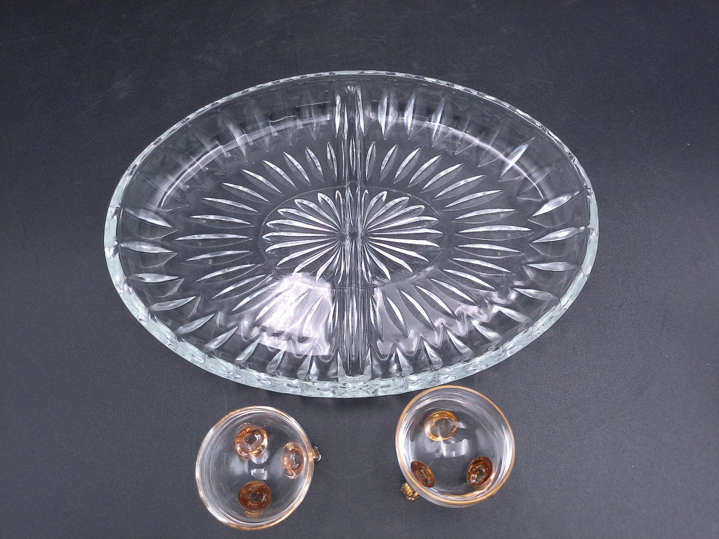 Gold Plated small set of 2 bowls and Divided Glass Serving Tray Dish Bowl   Circle
